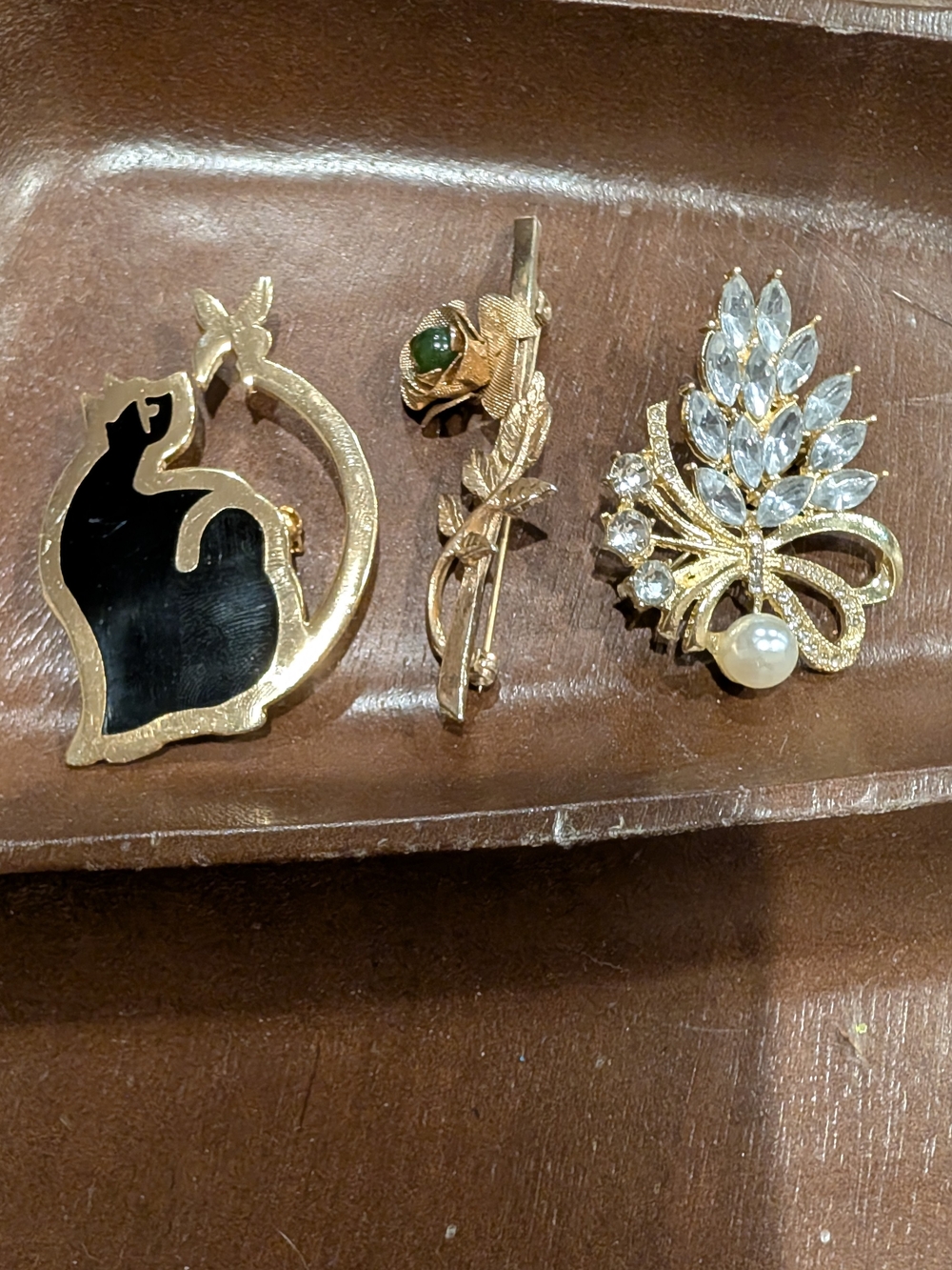 Gold-Tone Cat, Floral and Pearl Brooch Set - Black, Green, White